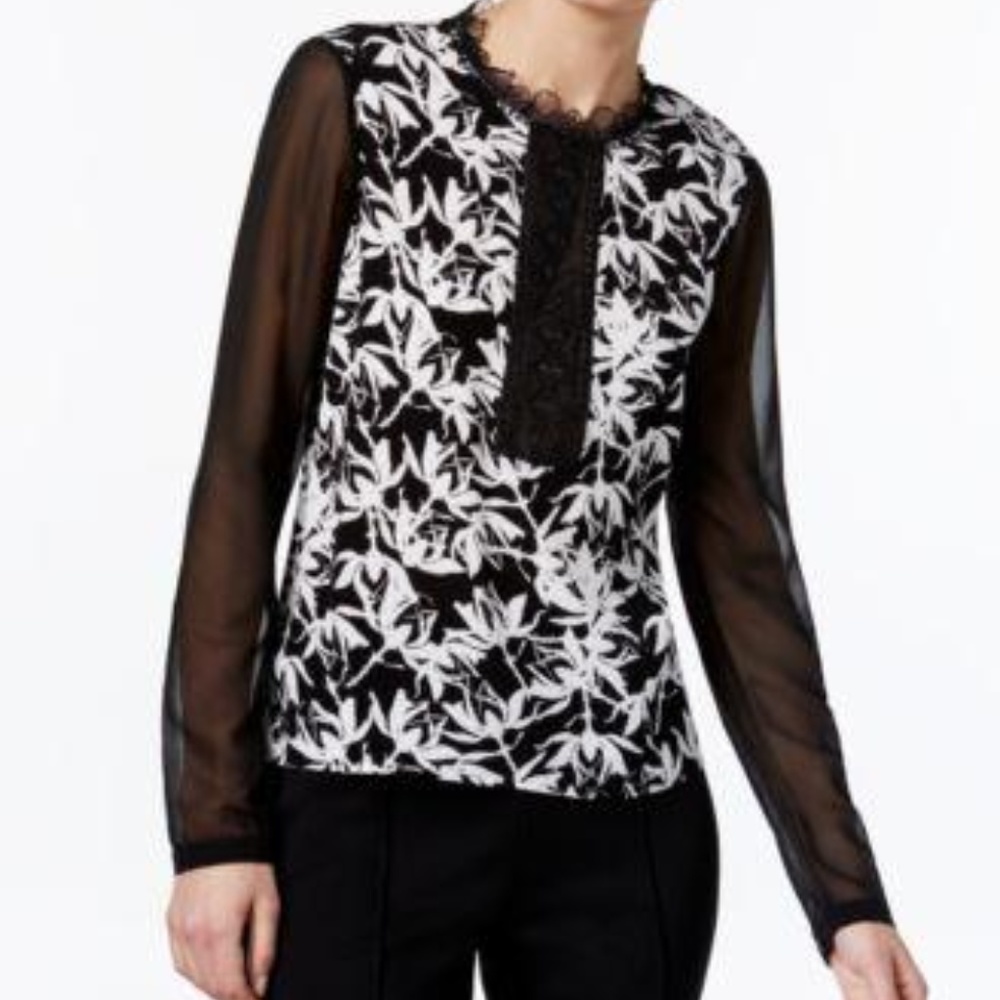 YYIGAL Printed Lace-Trim Blouse BlackWhite Floral
